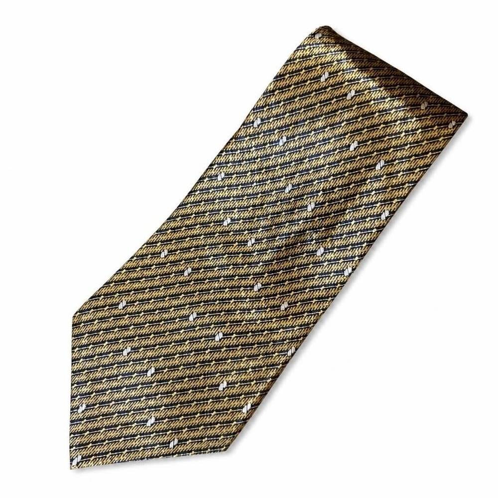 Bill Blass Modern Silk Tie Mens Gold Black Diagonal Stripe Woven Dot Necktie